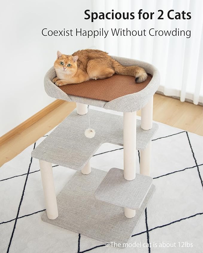 Cat Tree Tower Wooden 37.4''(95 cm), Large Cat Tree with Jump Platform & Play Ball for Indoor Cats, Ideal Cat's Climbing Frame & Playhouse (Linen Fabric Light Grey)