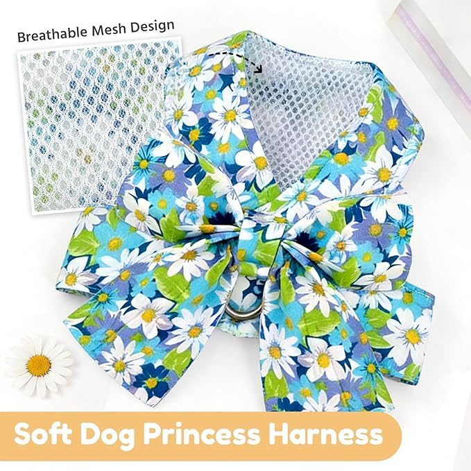 BAEJMJK Dog Harness and Leash Set with Bow Knot No Pull Pet Daisy Floral Harness with D-Ring Soft Mesh Dog Harness Vest Set Escape Proof Princess Puppy Harness for Small Girl Dogs Cats（Blue A S）