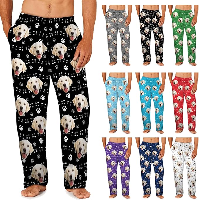 MyPupSocks Custom Pajama Pants for Pet Lover, Personalized Photo Face Printed Pajama Bottoms Sleepwear with Pockets