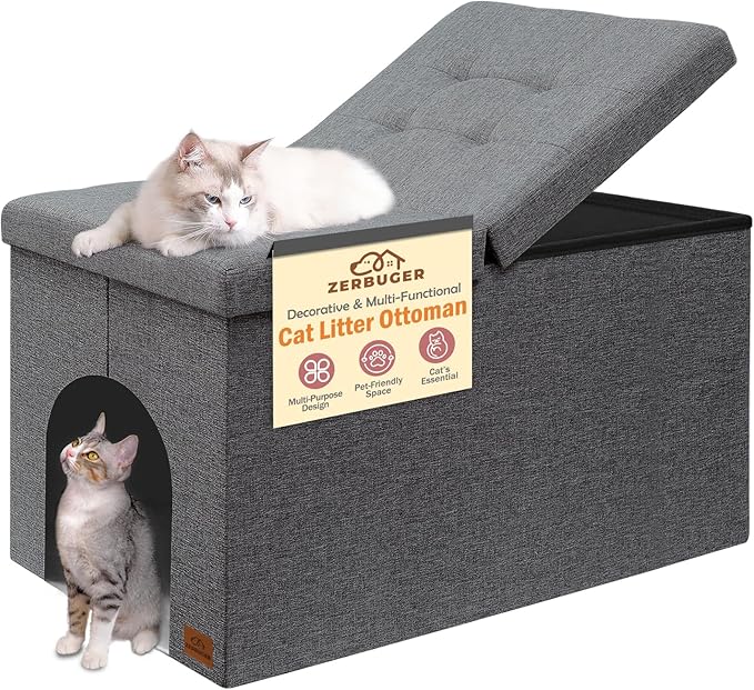 Cat Litter Box Enclosure Furniture for Odor Control, Hidden Cabinet Cats Litter Ottoman with Flip-Up Lid,Cat Litter Box Bench with Storage Space, Dog Proof(Grey, Large)