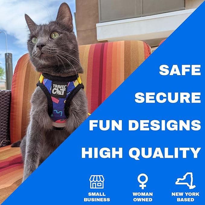 Travel Cat Harness and Leash Set - Adjustable Fit Harness and Reflective Strap - Comfort Walking Vest for Kitten for Outdoor Walking, Hiking (Small, 90s Cat)
