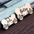 Ultra Joys Stainless Steel Pet ID Tag Dog Name Tags Personalized Front and Back Engraving, Customized Dog Tags and Cat Tag, Optional Engraved on Both Sides, Bone Tag Floral Design, Rose Large