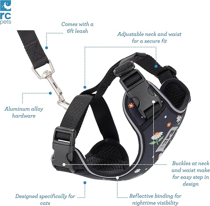 RC Pets Adventure Kitty Cat Harness | Adjustable Airmesh Vest with D-Ring and 6ft Leash for Walking and Travel | Daisies, Large