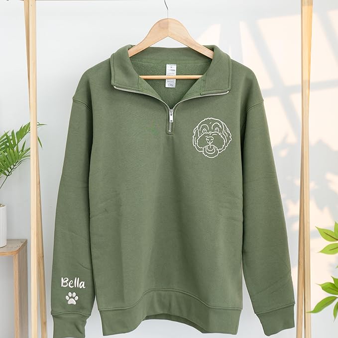 Chillever Custom Pet Embroidered Quarter Zip Sweatshirt, Dog Portrait Face Shirt, Pet Photo Shirt, Gifts For Pet Lovers