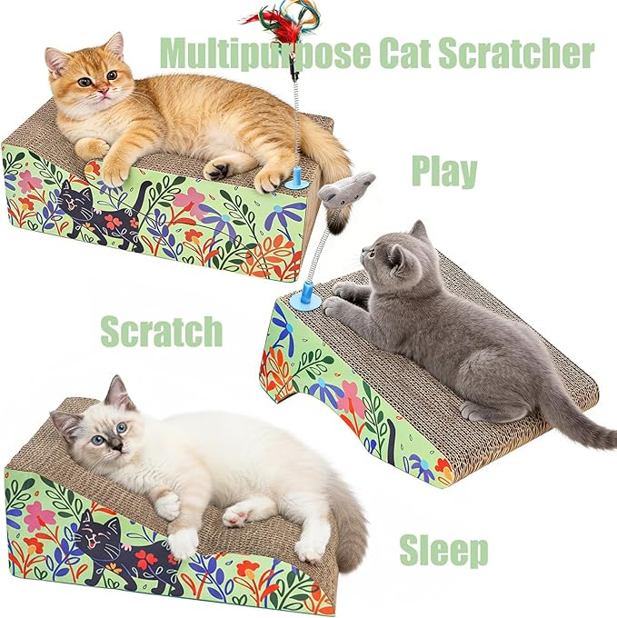 WUWEOT 2 in 1 Cat Scratching Board, Removable Cardboard Scratching Pad, Large Cat Lounge Sofa with Detachable Toy for Indoor Cats to Rest, Grind Claws and Play