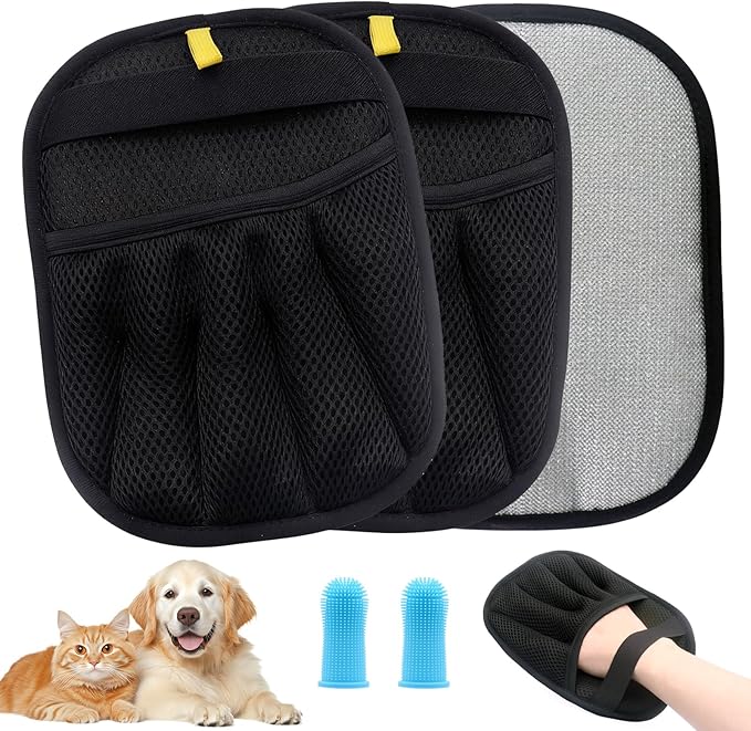 2Pcs Pet Hair Removal Glove for Cats & Dogs, with 2Pcs Toothbrush, Upgraded Five-Finger Electrostatic Pet Hair Gloves, Washable Reusable Pet Hair Remover Tool for Clothing, Couch, Carpet, Car Seat