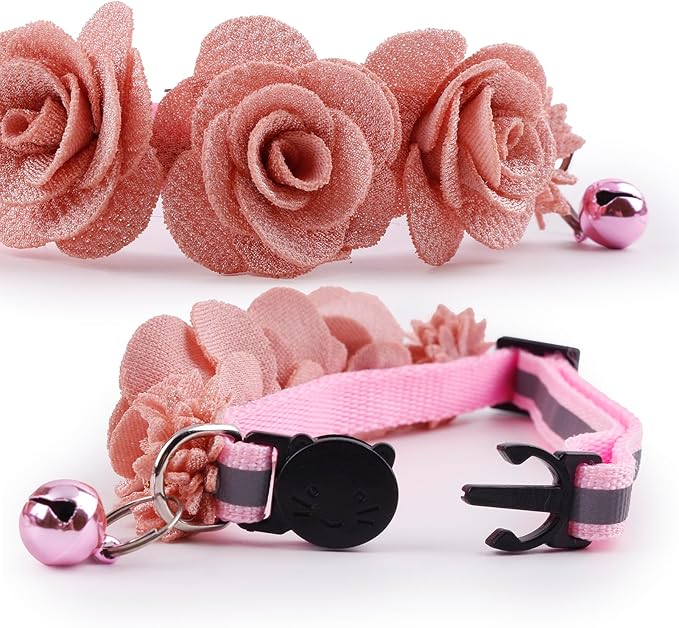 2 Pack Cat Collar Pink Floral with Bell and Removable Flower Bowtie Breakaway Adjustable Cat Collar for Girl Kitten Puppy Small Cats Dogs Daily Decoration (XQ10-7)