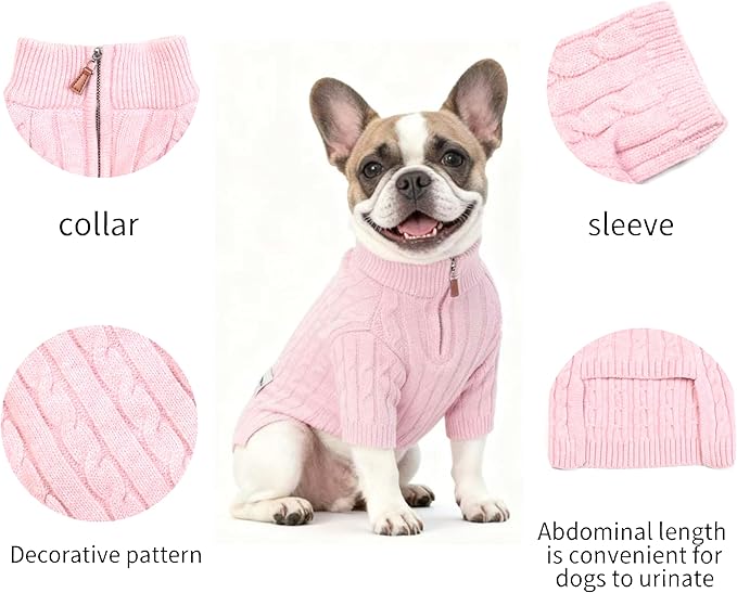 Small/Medium Dog Sweater, Warm Dog Winter Coat w/Sleeves, Comfortable High Neck Premium Dog Clothes for Bulldog-Best for Holidays, Daily Walks L Pink