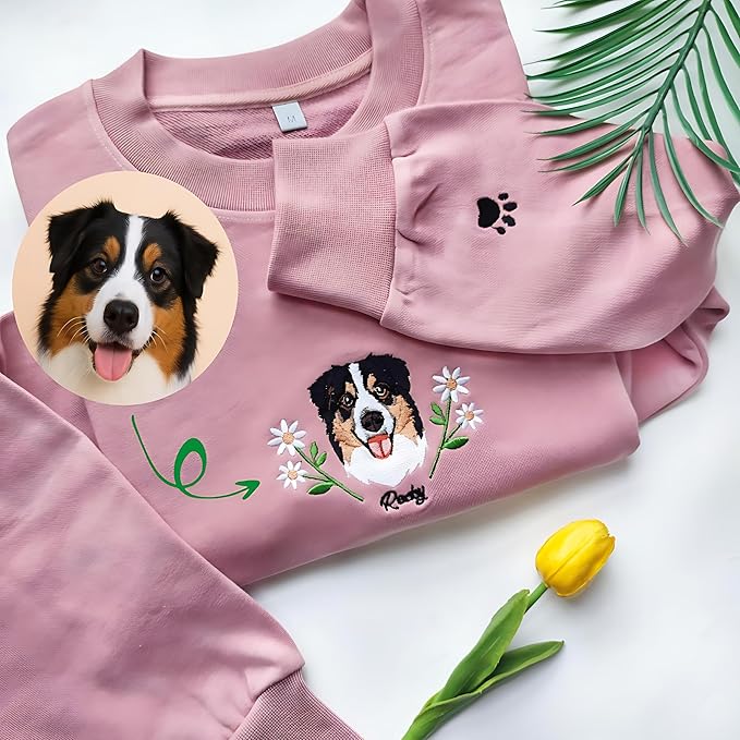 Personalized Dog Face Embroidered Sweatshirt Custom Pet Portrait From Photo Floral Stitch Design Unisex Crewneck Pullover Thoughtful Gift For Dog Lovers Pet Parents