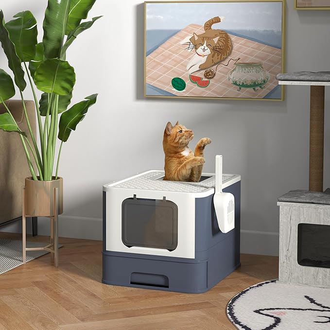 PawHut Cat Litter Box with Lid, Covered Large Cat Litter Box with Scoop, Front Entry and Top Exit, Easy to Clean Kitty Litter Box for Large Adult Cats, White