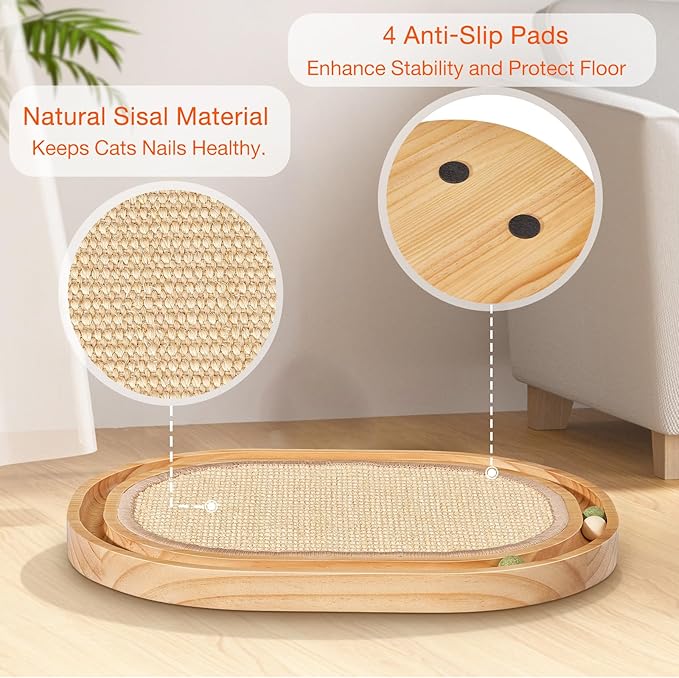 Oval Sisal Cat Scratcher with Ball Track - Woven Sisal Cat Scratching Pad & Interactive Cat Toy, Wooden Track with 3 Toy Balls for Indoor Cats, No Assembly Needed