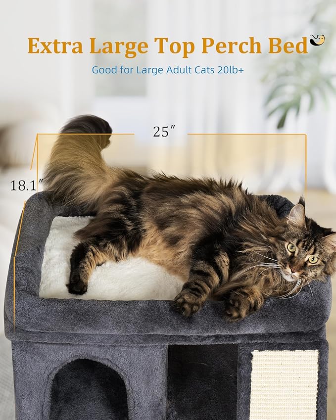 XL Cat Tree Tower for Large Adult Cats 20 lbs+, 25in Perch Bed, Condo Cave for Indoor Medium Kittens, 2 Scratchers, Extra Large Platform
