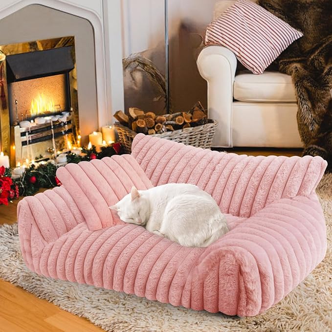 Cute Cat Couch Bed for Indoor Cats, Fluffy Pet Cat Sofa with Premium Soft Corduroy Fleece, Cute Small Dog Beds for Small Dogs, Fuzzy Puppy Chair with Removable Washable Cover (24x18x10,Pink)