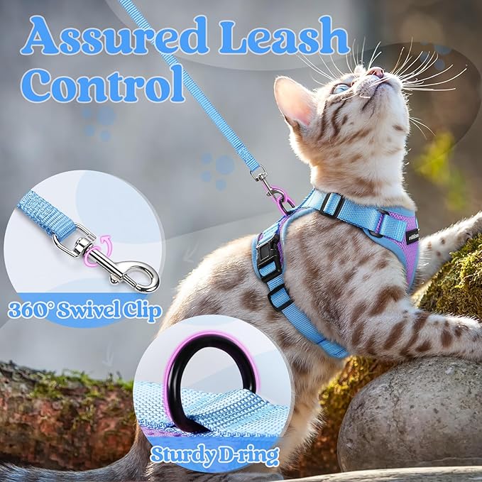 rabbitgoo Cat Harness and Leash Set, Escape Proof Soft Adjustable Vest Harnesses for Outdoor Walking, Easy Control Breathable Kitten Jacket with Reflective Strips, Purple & Blue, S