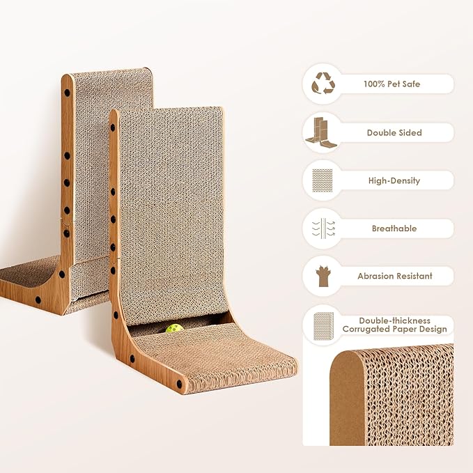 EHEYCIGA Cardboard Cat Scratcher for Indoor Cats, 32 Inch L Shaped Vertical Cat Scratching Board with Ball Cat Toy, Extra Large Cat Scratcher Pad, Brown