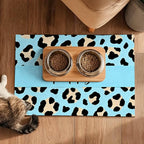 Puppy Feeding Mat 24x16 inch Blue Leopard Print Pet Bowl Placemat Non Slip Floor Mat for Food and Water Indoor Dog Feeding Station Cute Meal Pad for Small Pets Kitchen Use