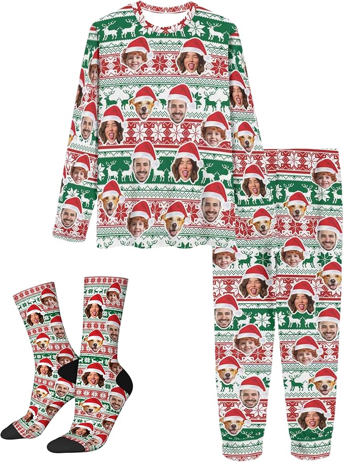 Artsadd Personalized Pajamas with Faces for Women Men Custom Christmas Pajamas Gifts for Family Couple, Funny Photo Pjs