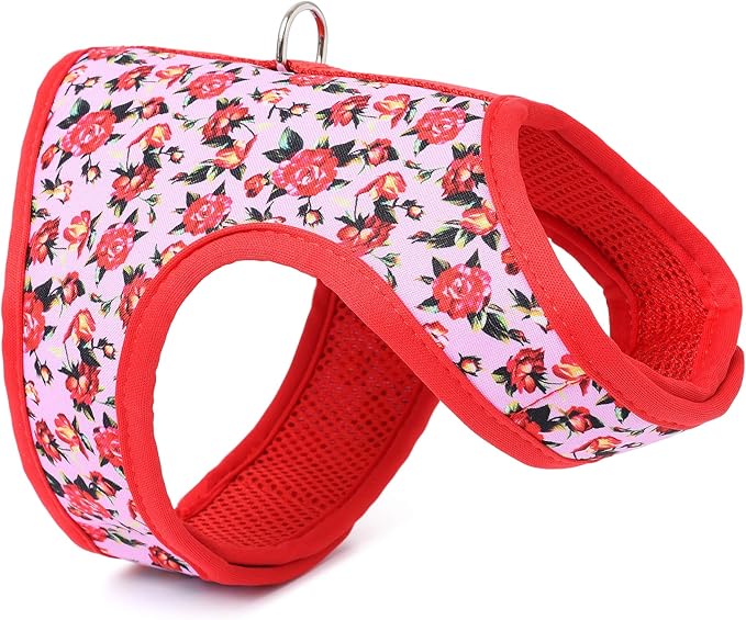 Mile High Life Velcro Dog Harness, Air Mesh Floral Vest Harness for 20 lbs Small Dogs & Cats, Easy Get on Adjustable Easy Closures Both Neck and Chest(Peony Rose, S Chest 16"-18")