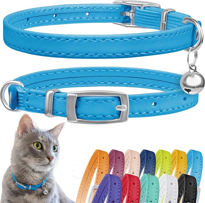CollarDirect Leather Cat Collar, Kitten Collar with Removable Bell Black Blue Red Orange Lime Green (6-7 Inch, Light Blue)