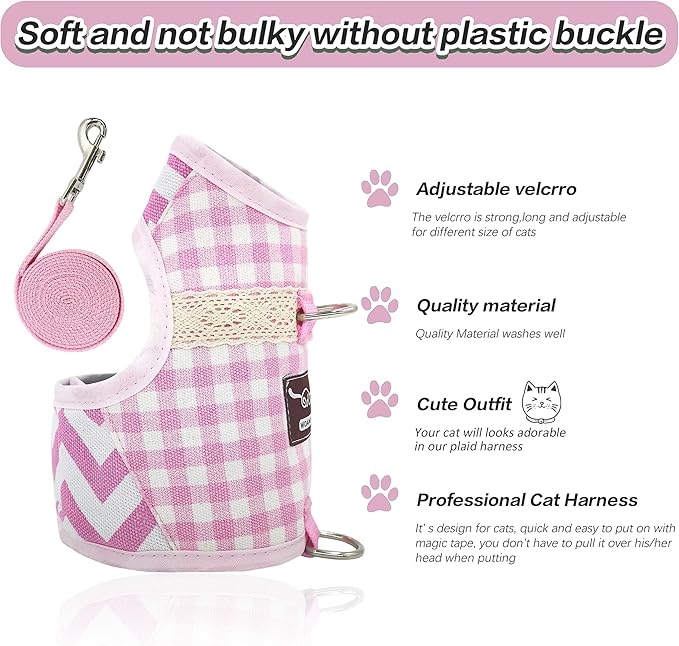 Cat Harness and Leash for Walking Escape Proof, Adjustable Cat Vest Harness, Padded Stylish Cat Walking Jackets, Pink Plaid, Small