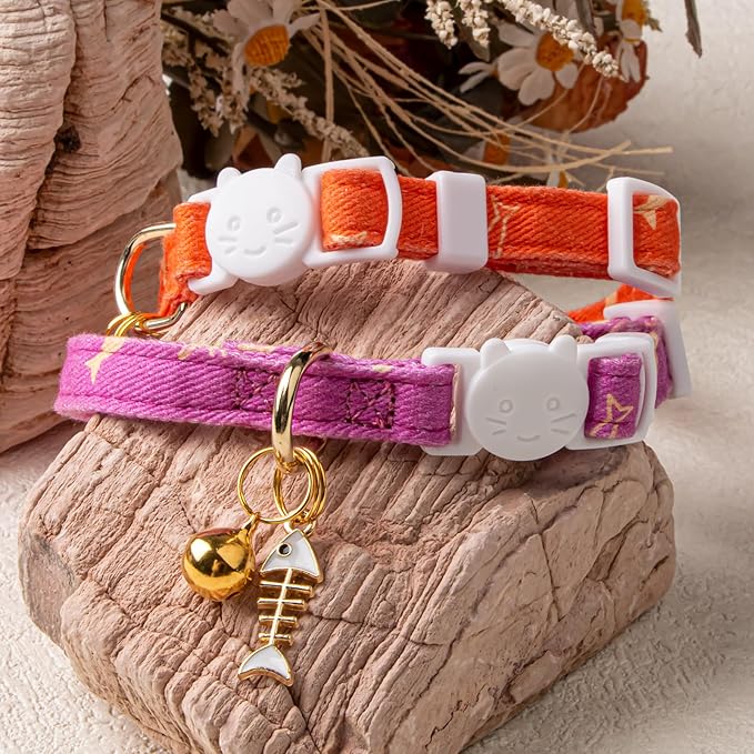 2 Pack Cotton Breakaway Cat Collar Orange and Purple Fish Pendant Cute Kitten Cat Collar with Bell