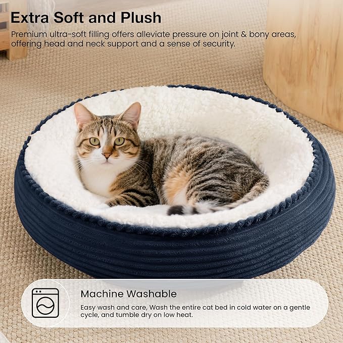 Love's cabin Round Donut Cat and Dog Cushion Bed, 20in Pet Bed for Cats or Small Dogs, Anti-Slip & Water-Resistant Bottom, Super Soft Durable Fabric Pet beds, Washable Luxury Cat Dog Bed Navy Stripe