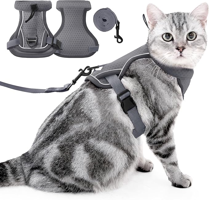 Cat Harness and Leash Set - Escape Proof, Adjustable Breathable Vest Harnesses with Reflective Strips, Easy Control & Secure Walking for Small Medium Large Cats Kitten Collar (Grey, Small)