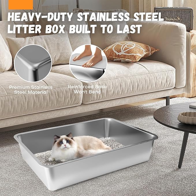 Homegroove Extra Large Stainless Steel Litter Box, 28"x20"x6" XXXL Metal Cat Litter Box for Big Cats with High Sides, Cat Litter Pan for Multiple Animal, Anti-Urine Leakage, Easy Clean (28x20x6 inch)