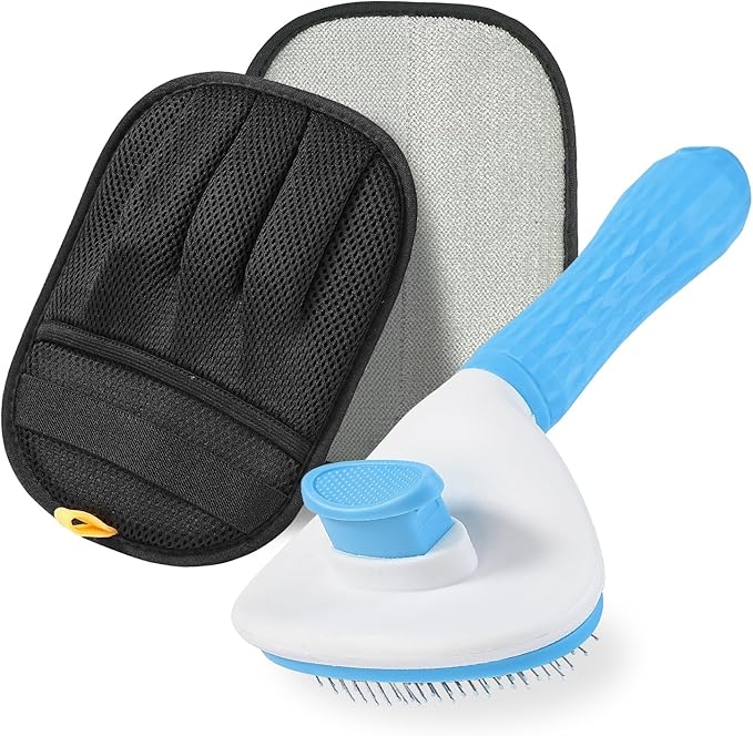 Pet Hair Removal Brush & Glove Set – Self-Cleaning Slicker Deshedding Brush and Reusable Hair Removal Glove for Dogs, Cats & Horses, Gentle Grooming Tool for Long & Short Haired Pets