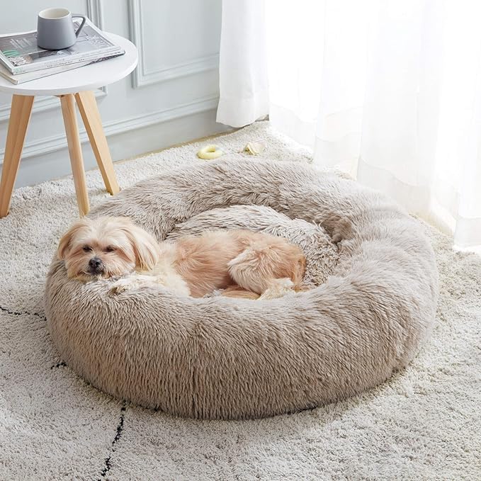 Calming Dog Bed & Cat Bed, Anti-Anxiety Donut Cuddler Warming Cozy Soft Round Fluffy Faux Fur Plush Cushion Bed for Small Medium Dogs and Cats (20"/24"/27"/30")