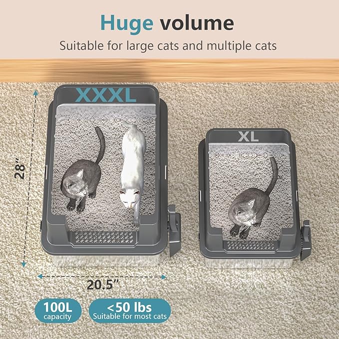 XXXL Extra Large Stainless Steel Litter Box with Lid, 28" L x 20.5" W x 17" H Covered Stainless Steel Litter Box, Suitable for Large Cats and Multiple Cats, Non-Sticky, Anti-Leakage, Easy to Clean