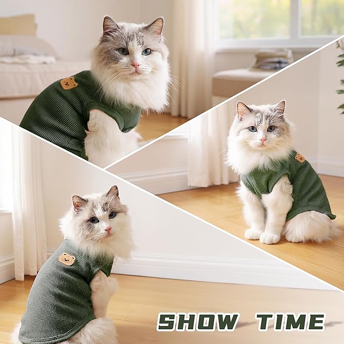 Waffle Knit Cat & Dog T Shirt for Small Dogs, Stretchable Puppy Shirt for Sphynx Cats & Small Breeds, Pet Clothes | Breathable Summer/Winter Apparel for Newborn(Green Small)