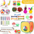 Retro Shaw Cat Toys, 33Pack, Interactive Kitten Toys for Indoor Cats Kitty with Collapsible Cat Tunnel Tube Tent Feather Wand Teaser Bell Fuzzy Pompom Crinkle Ball Springs Mice Toys