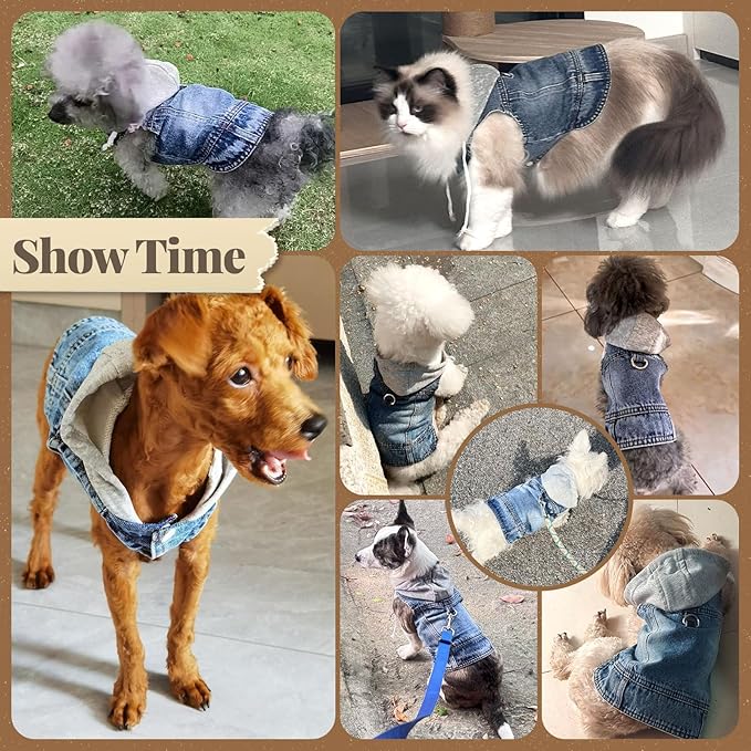 Cool Dog Jean Jacket Vest with D-Ring Blue Denim Dogs Hoodies Outfits for Small Medium Dogs Cats Boy Male Dog Clothes Costume Dogggie Puppy Harness Coat for Frenchie Walking(Grey Hat,L)