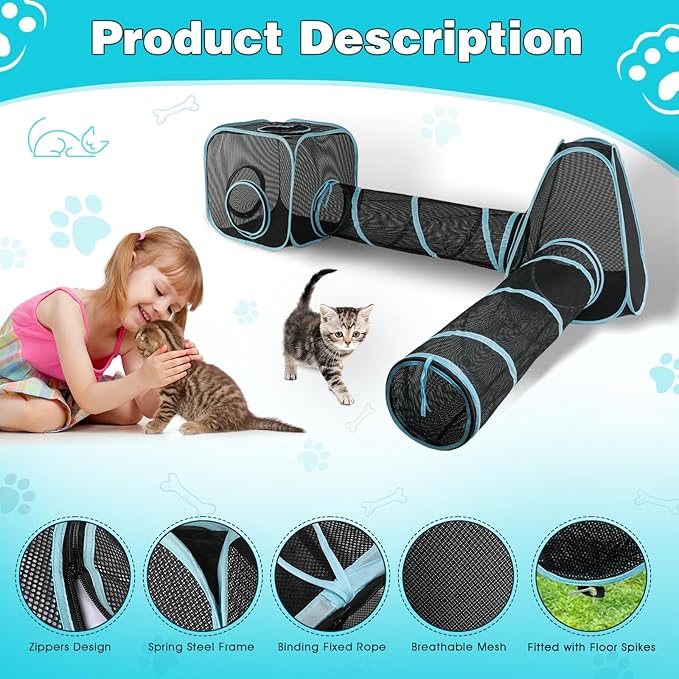 9.45FT Outdoor Cat Enclosures Portable Cat Playhouse, Pop Up Cats Tent with 33.86x 11.81IN Double Kitty Tunnels DIY in Multiple Ways, Cats Playpen Play Tents for Rabbits and Small Animals