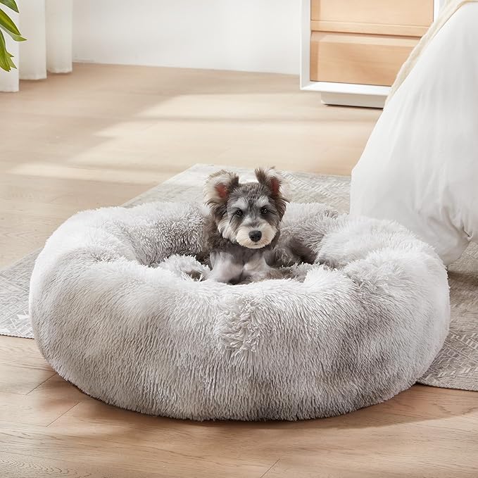 WESTERN HOME WH Calming Dog & Cat Bed, Anti-Anxiety Donut Cuddler Warming Cozy Soft Round Bed, Fluffy Faux Fur Plush Cushion Bed for Small Medium Dogs and Cats (20"/24"/27"/30"), White Grey