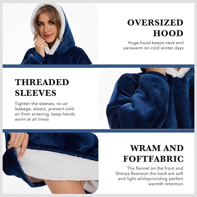 Wearable Blanket Hoodie with Giant Pocket, Soft Warm Sherpa Fleece Oversized Blanket Sweatshirt Gifts for Women Men
