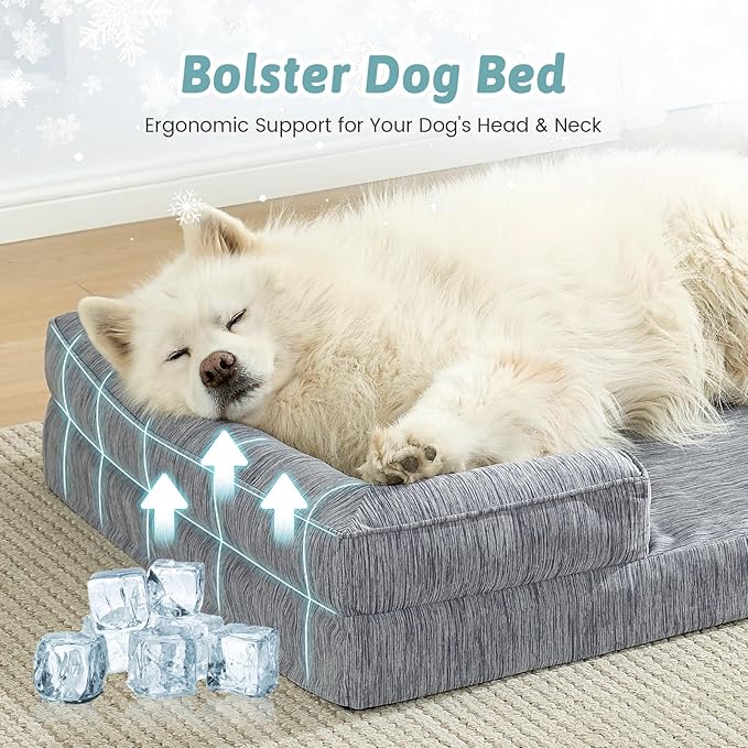 Cooling Dog Bed for Large Size Dogs, Q-Max >0.4 Summer Cool Orthopedic Foam Pet Sofa Bed with Sides, Bolster Anti-Slip Couch with Washable Removable Cover, XL 44x32x7 inch, Dark Grey