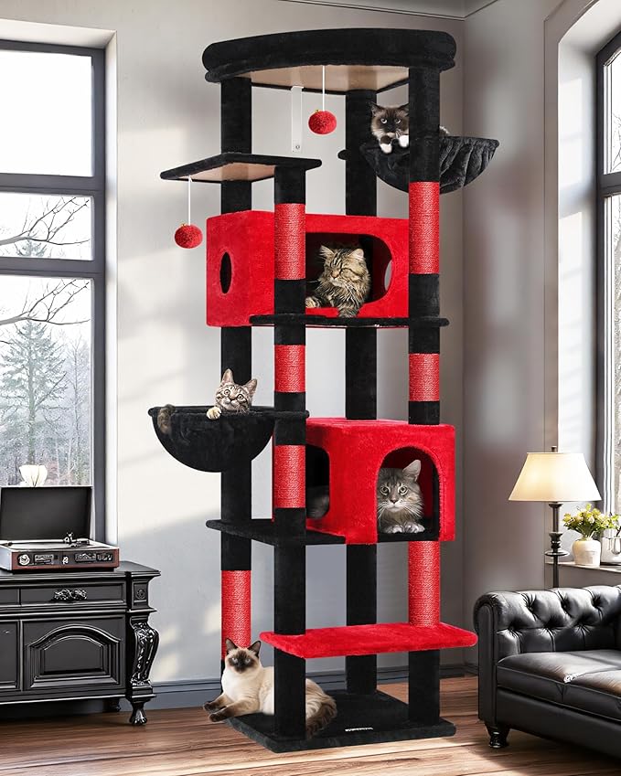 Globlazer Gothic Heavy Duty Cat Tree, 74in Sturdy Goth Cat Tower for Large Cats Adult Big Cat Tree with 7 Scratching Posts, 2 Padded Spacious Condos, 2 Hanging Baskets, Enlarged Perch, S74, Red Black