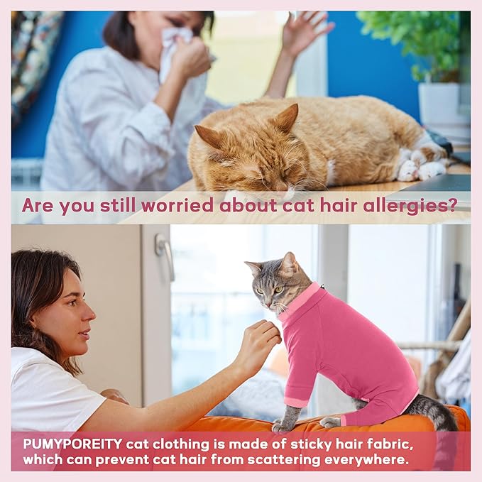 PUMYPOREITY Cat Hair Sticky Shirt – Breathable & Lightweight, Reduces Shedding Fur Pajamas, Prevents Licking Wounds After Surgery, Pink, L