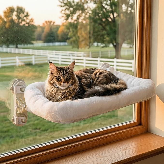Gardner Pet Cat Window Perch for Large Cats with 4 Suction Cups, 2 in 1 Cat Hammock with Detchable Cushion for 55Lbs Load (White)