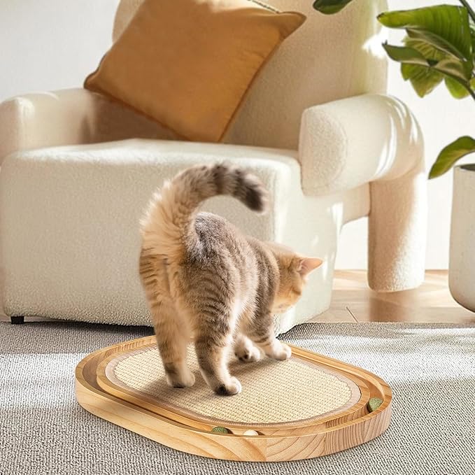 Oval Sisal Cat Scratcher with Ball Track - Woven Sisal Cat Scratching Pad & Interactive Cat Toy, Wooden Track with 3 Toy Balls for Indoor Cats, No Assembly Needed