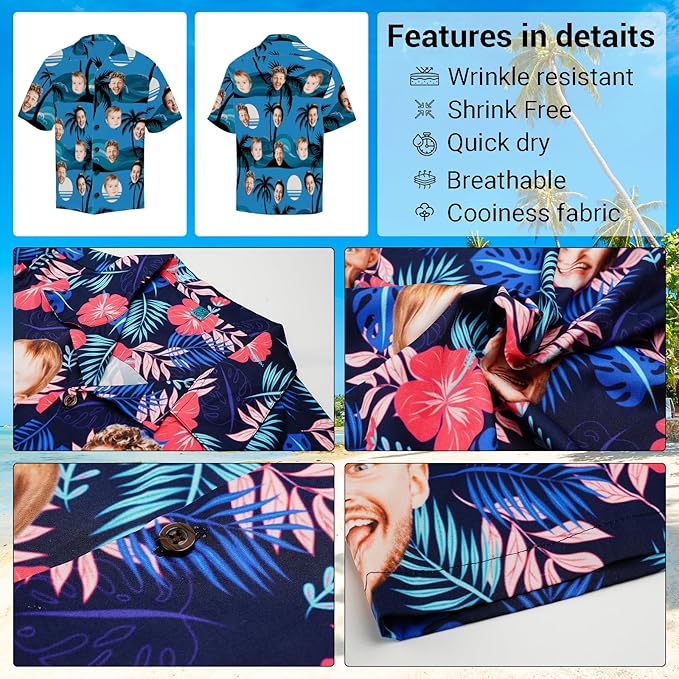 Custom Hawaiian Shirt with Face for Men, Unisex Tropical Beach Shirts Personalized Casual Funny Hawaii Button Down Shirts