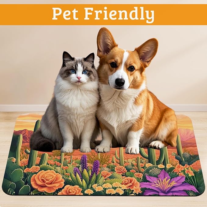 Pet Feeding Mat,Cactus Absorbent Dog Cat Food Mat Desert Dog Mat with Rubber Backing,Non-Slip Water Bowl Placemat,Pet Supplies 12" x 20"