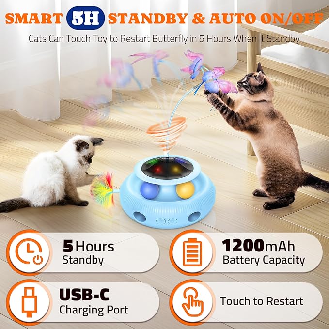 Pawtners Interactive Cat Toy 4 in 1 Automatic Cat Toy for Indoor Cats, Self Play Kitty Toy with Fluttering Butterfly, Track Ball and Feather Pack, Blue