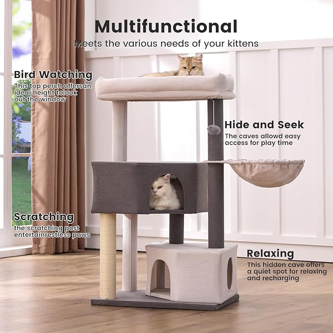 Gardner Pet 41" Tall Cat Tree Corduroy for Medium-Large Cats, Heavy Duty Cat Trees Towers with 2.8in Posts & Washable Top Perches, Easy to Assembly