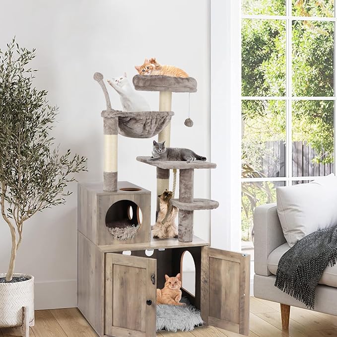 Cat Tree with Litter Box Enclosure, 2-in-1 Cat Tower for Indoor Cats, Large Wood Cat Condo with Basket, Scratching Posts, Pompoms, Grey