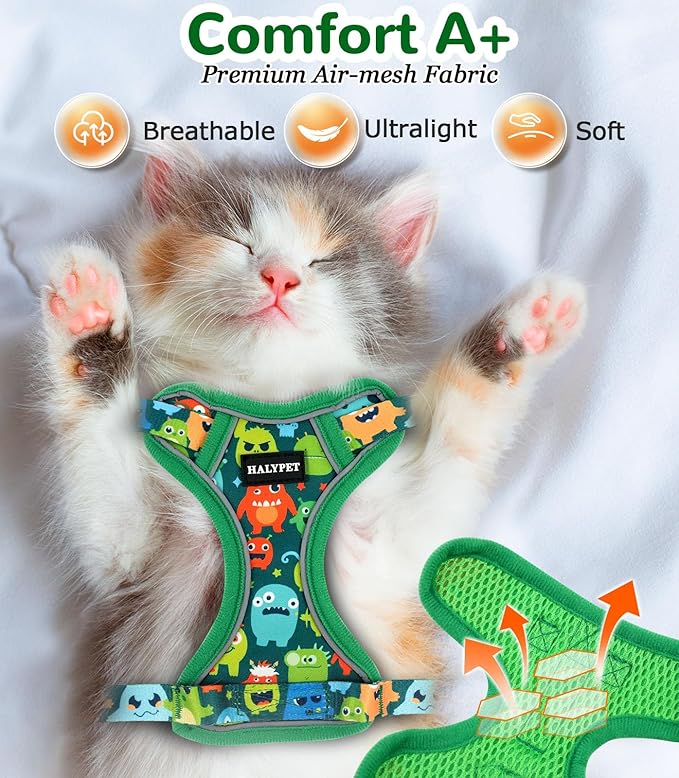 Halypet Cat Harness and Leash Set for Walking, Escape Proof Adjustable Vest Harness with 3-in-1 Integrated Buckles, Easy Control Soft Breathable Mesh with Reflective Strips for Cats, M, Green Monster