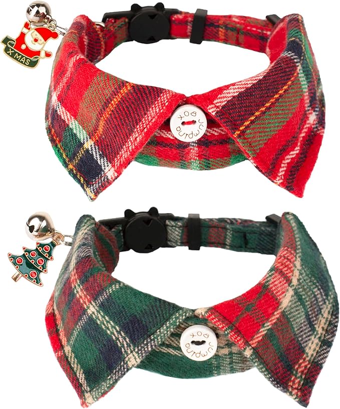 ADOGGYGO Christmas Cat Collars Breakaway with Bow Bell, 2 Pack Stylish Red Green Plaid Xmas Kitten Collar with Removable Shirt Collar, Plaid Christmas Collars for Cats Kittens