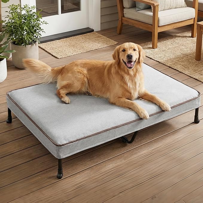 Veehoo Elevated Dog Bed with Waterproof Cushion Mat, Cooling Raised Dog Beds with Padded Top, Washable Outdoor Dog Bed, Orthopedic Pet Cot for Indoor &Outdoor, Extra Large Dog Bed 49" x 33", Dark Grey